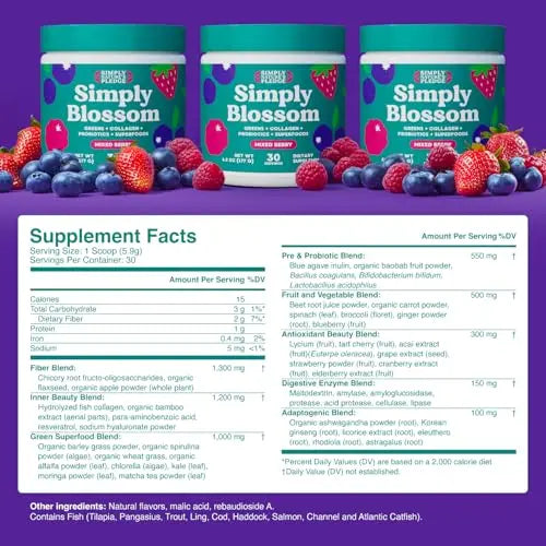 Simply Blossom Nutrition - Daily Greens & Superfood Powder + Collagen + Probiotics for Women's Digestive Health & Bloating Relief. Help Your Health Bloom - 2 Month Supply Simply Nature's Pledge buy supplements Au