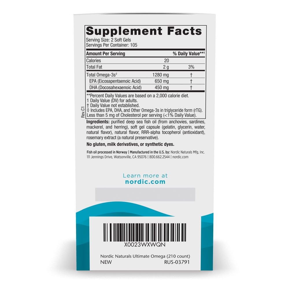 Nordic Naturals Ultimate Omega, Lemon Flavor - 210 Soft Gels - 1280 mg Omega-3 - High-Potency Fish Oil with EPA & DHA - Promotes Brain & Heart Health - Non-GMO - 105 Servings Nordic Naturals buy supplements Au