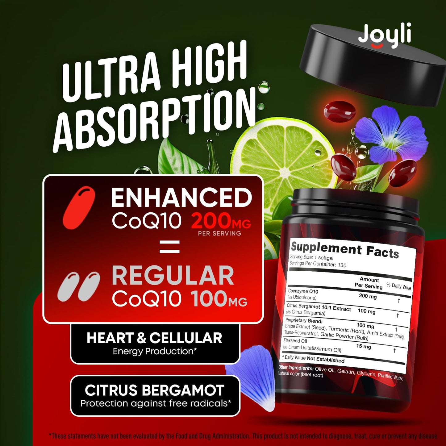 High Absorption CoQ10 200MG - Co Q10, 200mg Softgels for Heart Health & Energy Production - Enhanced Co Q 10 Supplement with Antioxidants and Flaxseed Oil - CoQ10 200 mg Per Serving JOYLI NutritionBuy Supplements Australia