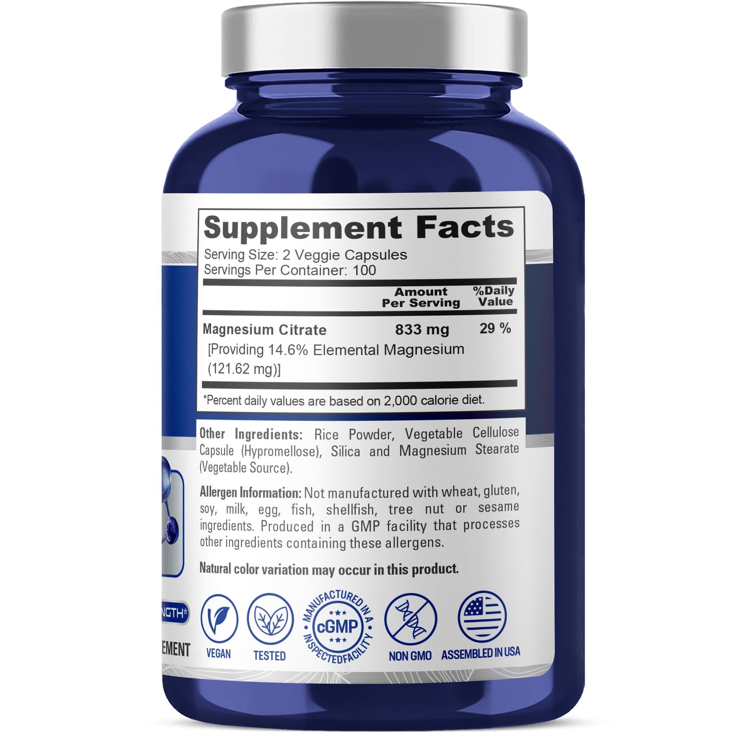 NusaPure Magnesium Citrate 833mg - 200 Veggie Capsules (Vegetarian, Non-GMO, Vegan) NusaPureBuy Supplements Australia