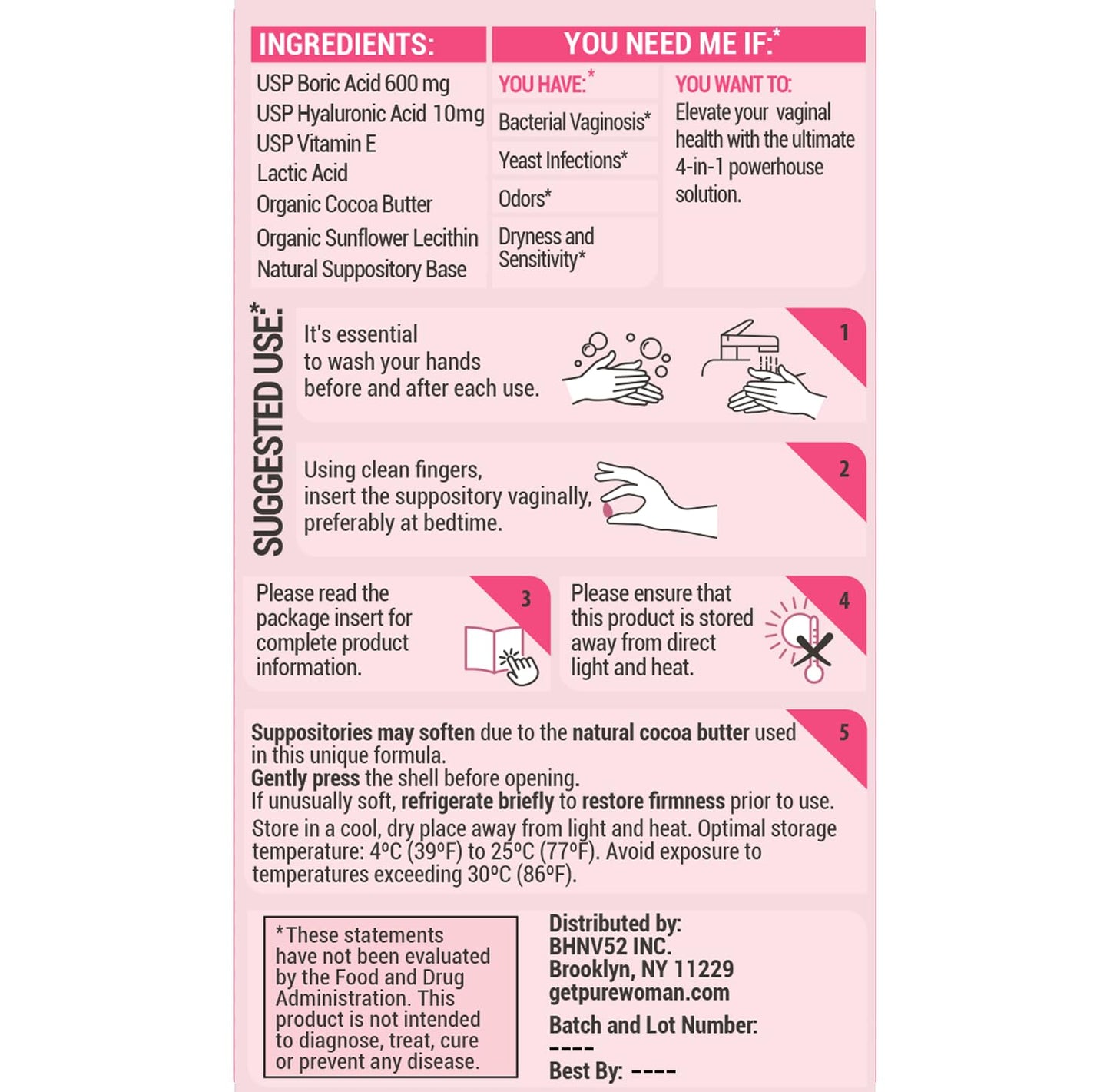 PURE WOMAN - pH-ighter Vaginal Boric Acid Suppositories for Women - Hyaluronic Acid - 4 in 1 Vaginal Suppositories for Discomfort, Dryness, Odor & pH Balance- Full Vaginal Health Care - 7pk PURE WOMANBuy Supplements Australia