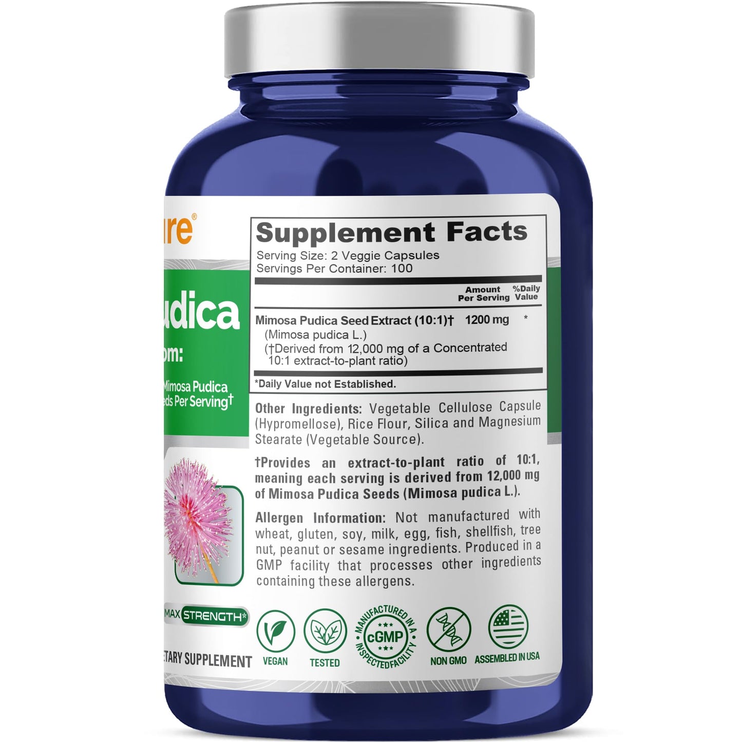 NusaPure Mimosa Pudica Seed 10:1 Extract, 1200 mg Equivalent to 12,000 mg 200 Veg Capsules (Non-GMO, Vegan) NusaPureBuy Supplements Australia