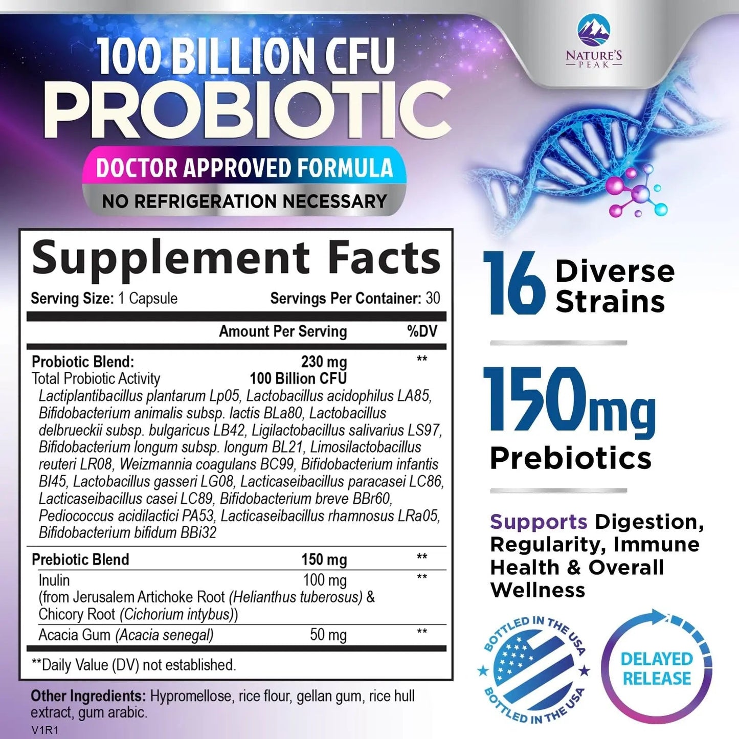 Probiotics 100 Billion CFU - 16 Premium Strains + Prebiotics - Best Probiotics for Women & Men - Supports Immune, Digestive & Gut Health, Supports Occasional Constipation, Gas & Bloating - 30 Capsules Nature's Peak buy supplements Au
