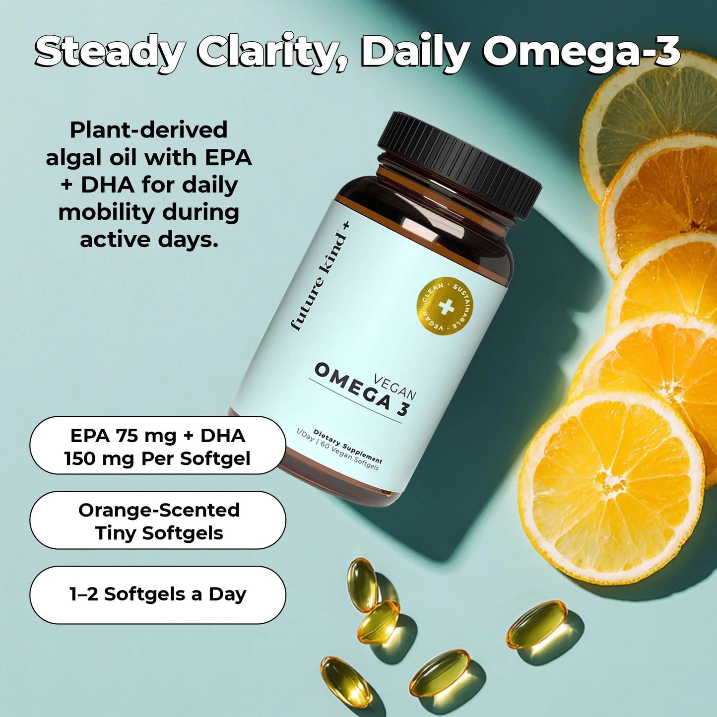 Future Kind Omega-3 Supplement for Clarity, Memory, and Mobility Comfort, 2 Months Supply of Citrus-Scented Softgels with EPA and DHA, Vegan Omega-3 Supplement from Algae, Carrageenan Free, 60 Count Future Kind buy supplements Au