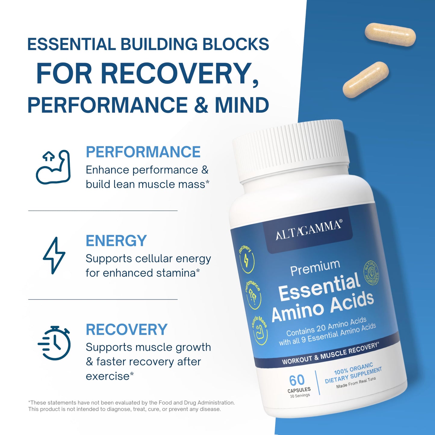 ALTAGAMMA Pure Amino Acids Complex - Protein for Pre/Post Workout, Energy & Muscle Recovery - 9 Essential Amino Acids Supplement (EAA) & BCAAs - Leucine, Lysine, L Tyrosine, L Arginine, 60 Capsules ALTAGAMMA buy supplements Au