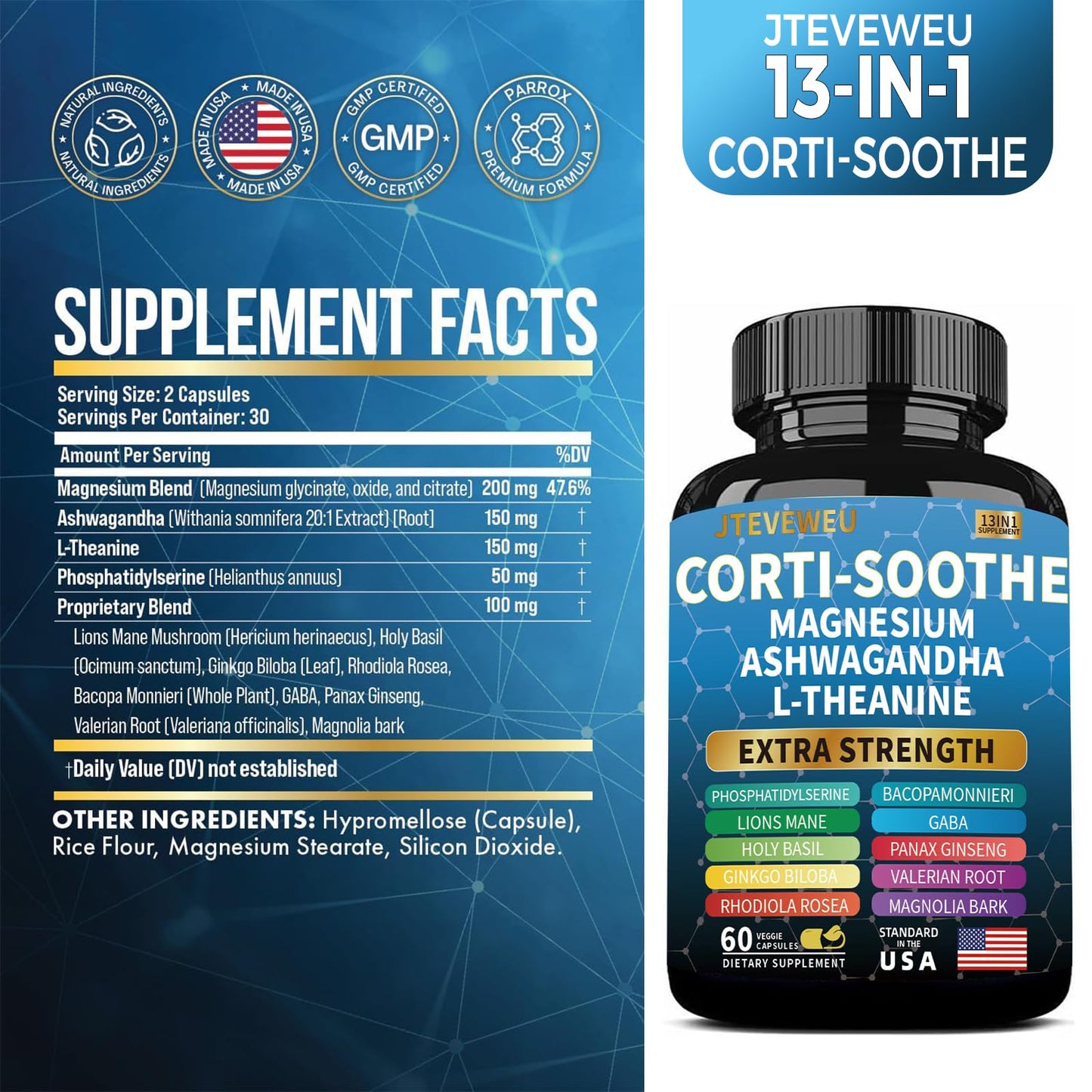 Corti-Soothe Cortisol Supplement for Women and Men with Magnesium Glycinate 200mg, L-Theanine 150mg, Phosphatidylserine 50mg & Manager Holy Basil Ginkgo Biloba Bacopa Monnieri Valerian 60 Capsules JTEVEweuBuy Supplements Australia