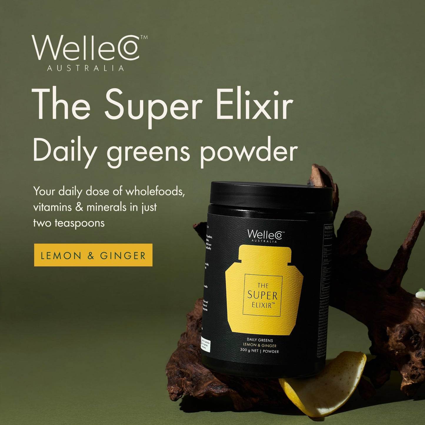 WelleCo The Super Elixir Daily Greens Powder, Probiotic Drink Mix with Whole Foods, Gluten Free, Vegan Gut Health Powder, Energy, Immunity, Healthy Skin, Hair & Nails (300g, Lemon Ginger) WelleCo buy supplements Au