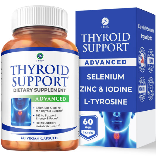1 Body Thyroid Support Supplement for Women and Men, Selenium with Iodine, Zinc, B12, Ashwagandha and L-Tyrosine, Supports Hormone Health, Energy and Metabolism, 30 Day Supply - NutriGlobal