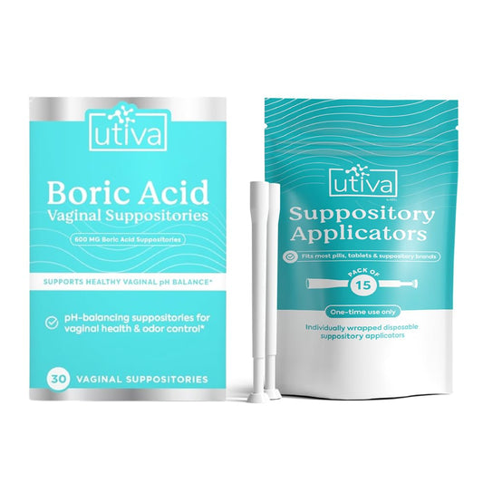 10% Bundle Utiva Boric Acid - 600mg 30-Boric Acid Vaginal Suppositories to Lower pH and Support Vaginal Health + Utiva Suppository Applicators – Hygienic Individually Wrapped 15 Vaginal Applicators - NutriGlobal
