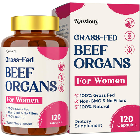 12-In-1 Beef Organ Supplement for Women - Beef Liver, Uterus, Kidney, Heart, Pancreas, 5 Vitamins & 2 Herbs, Hormone Balance, Menstruation, Energy, Immune - 100% Grass Fed, Pasture Raise - 120 Caps - NutriGlobal