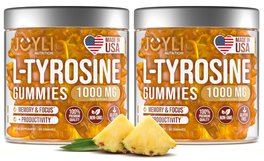 2 Pack - JOYLI L-Tyrosine Gummies 1000MG – Sugar-Free Vegan Focus Supplement & Mood Support for Kids & Adults – 500mg Per Gummy – Sleep Gummies for Memory, Energy & Wellness – 60 Pcs per Pack - NutriGlobal