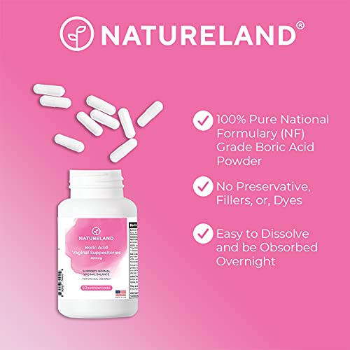 Natureland 40 Count, 600mg Boric Acid Vaginal Suppositories, Made in USA, Restore pH Balance NaturelandBuy Supplements Australia
