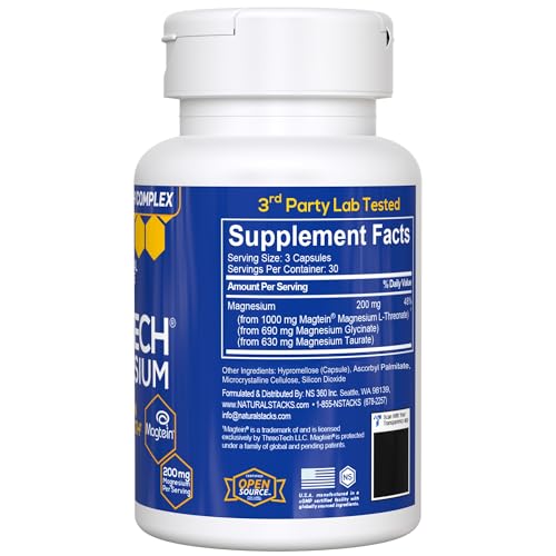 MagTech Magnesium Complex for Women & Men - 3 Forms of Magnesium: Glycinate, Magtein L-Threonate & Taurate - 200mg Chelated Complex
