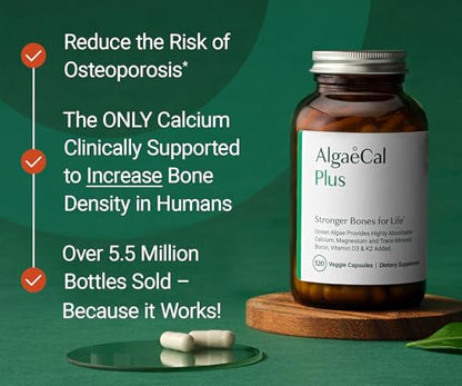 ALGAECAL Organic Red Algae Calcium Supplement for Bone Density, Vitamin K2 MK7 (100mg), Vitamin D3 (1600 IU), Magnesium (350mg) & Trace Minerals & Strength