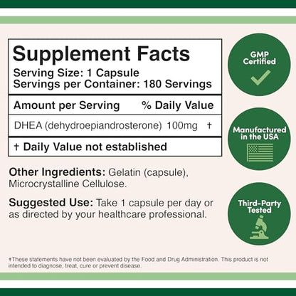 DHEA 100mg | 180 Capsules | Max Strength 6 Month Supply | Third Party Tested | Hormone Double Wood SupplementsBuy Supplements Australia
