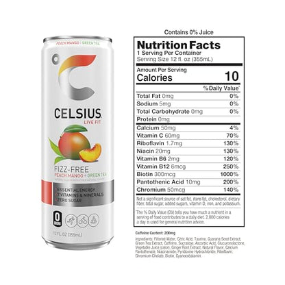 CELSIUS Peach Mango Green Tea, Functional Essential Energy Drink 12 Fl Oz (Pack of 12) CELSIUSBuy Supplements Australia