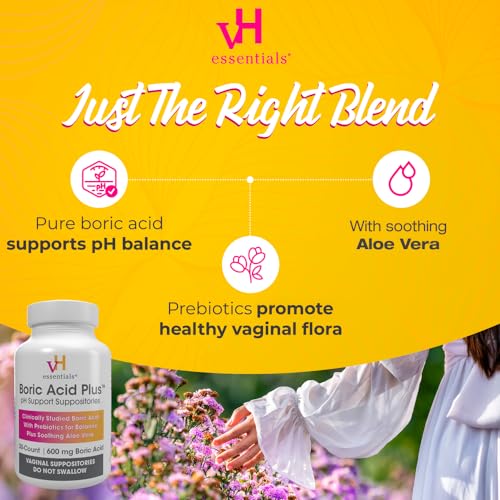 vH essentials Boric Acid Plus Vaginal Suppositories, Prebiotic Infused with Soothing Aloe Vera, pH vH essentialsBuy Supplements Australia