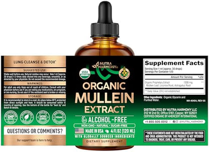 Mullein Drops for Lungs - USDA Organic Liquid - Mullein Leaf Extract Supplement - Made in USA - Lung & Bronchial Cleanse for Smokers - Respiratory Health Support