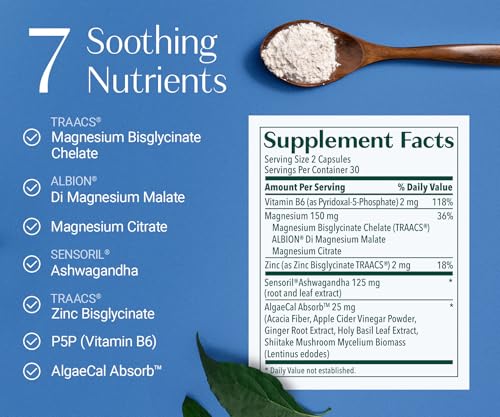 AlgaeCal Magnesium Relax™ - Chelated Magnesium with Ashwagandha for Sleep & Occasional Anxiety - Glycinate, Malate, Citrate - Sleep, Mood, & Cortisol Support (60 Caps - 1 Month Supply) ALGAECALBuy Supplements Australia