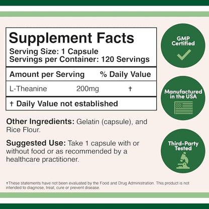 L-Theanine Supplement 200mg, 120 Capsules (Soy Free, Gluten Free, Non-GMO Double Wood SupplementsBuy Supplements Australia