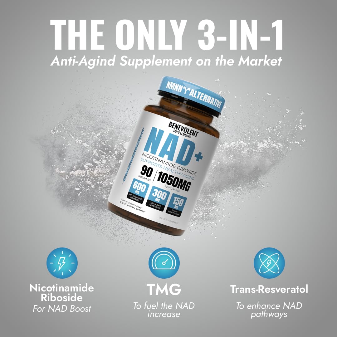 Benevolent NAD+ Supplement 1050mg, Max Absorption 3in1 NAD Supplements for Women & Men with Nicotinamide Riboside, Trans-Resveratrol & TMG, NAD Plus for Cellular Energy, Brain Support & Aging, 90 Caps Benevolent NourishmentBuy Supplements Australia