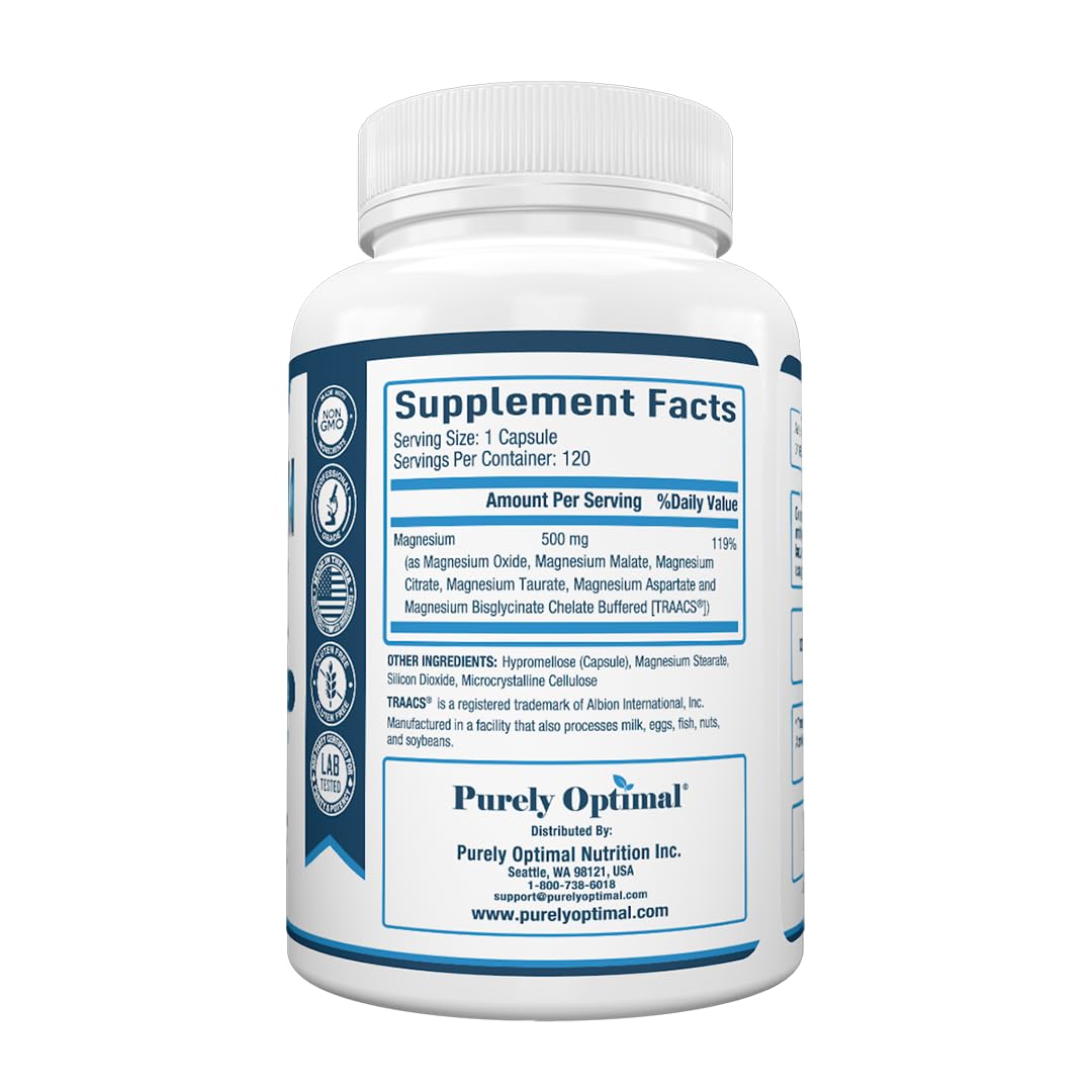 Purely Optimal Magnesium Complex - 6 Forms Magnesium Glycinate, Citrate & Malate - Sleep Support, Stress Relief, Muscles, Heart Health & Relaxation