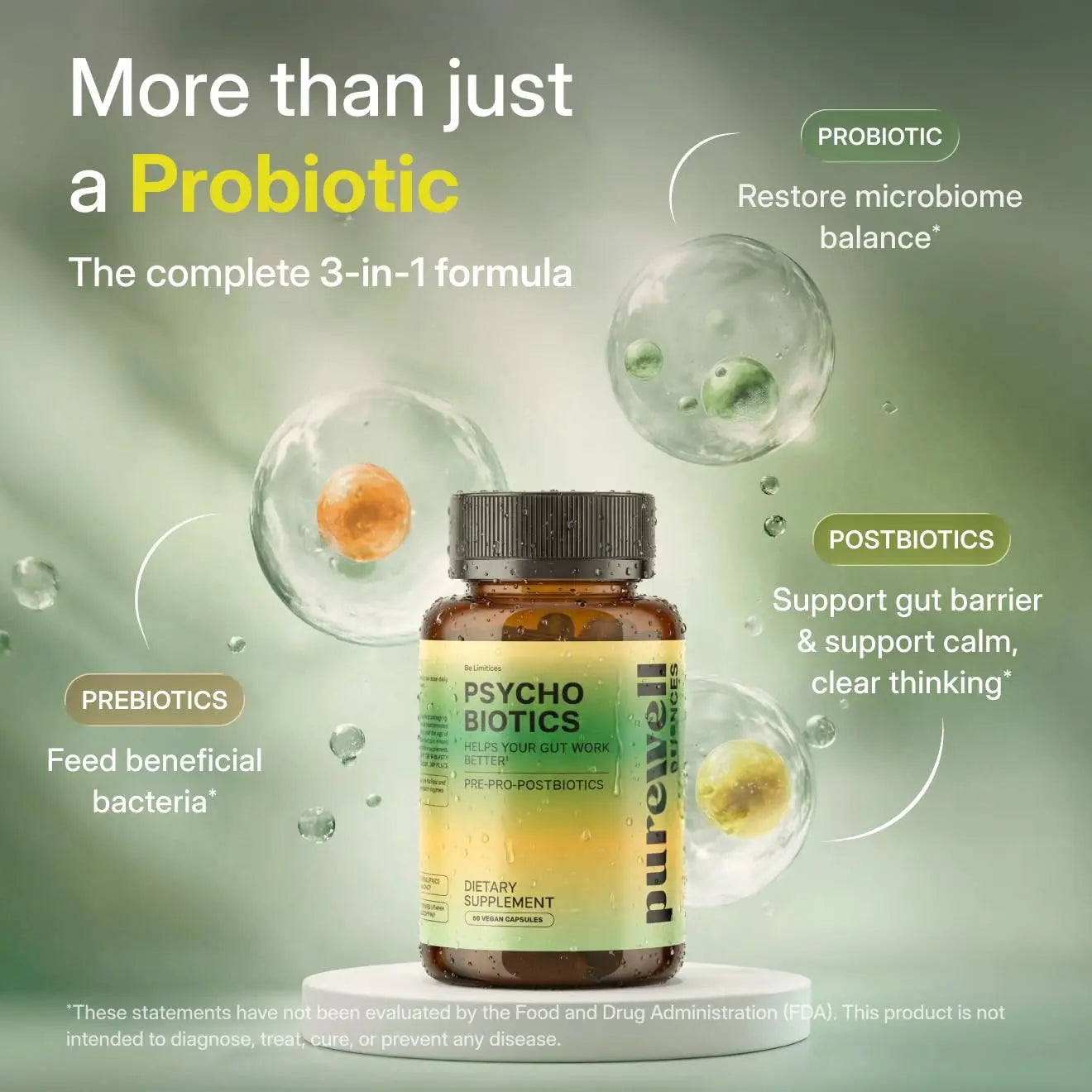 PUREWELL SCIENCES Psychobiotics – Advanced 3-in-1 Probiotic Prebiotic Postbiotic Supplement for Gut and Mood Support - 60 Vegan Probiotic Capsules – 50 Billion CFU – 1-Month Supply PUREWELL SCIENCESBuy Supplements Australia