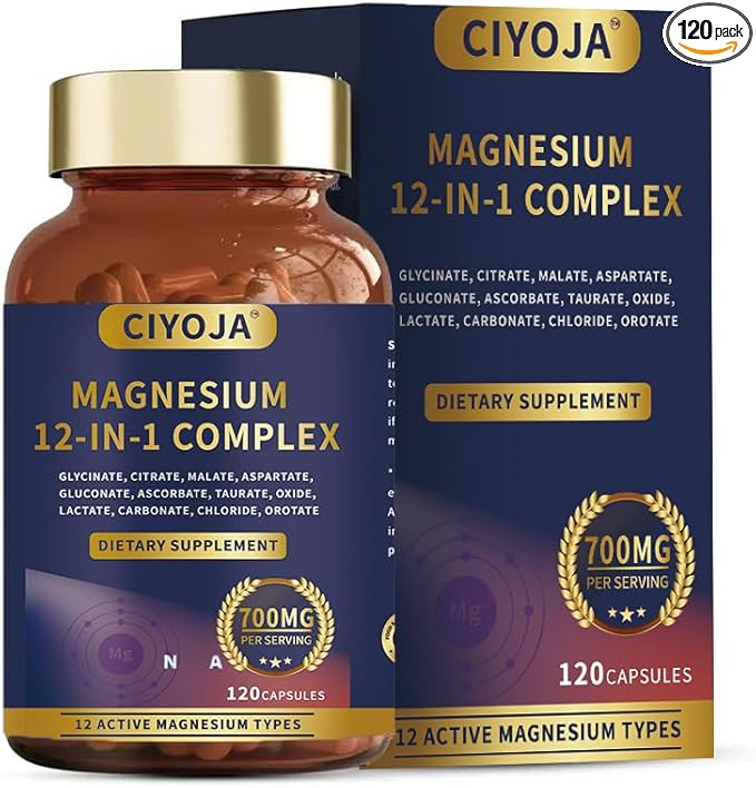 CIYOJA Magnesium 12-in-1 Complex dietary supplement bottle and packaging.