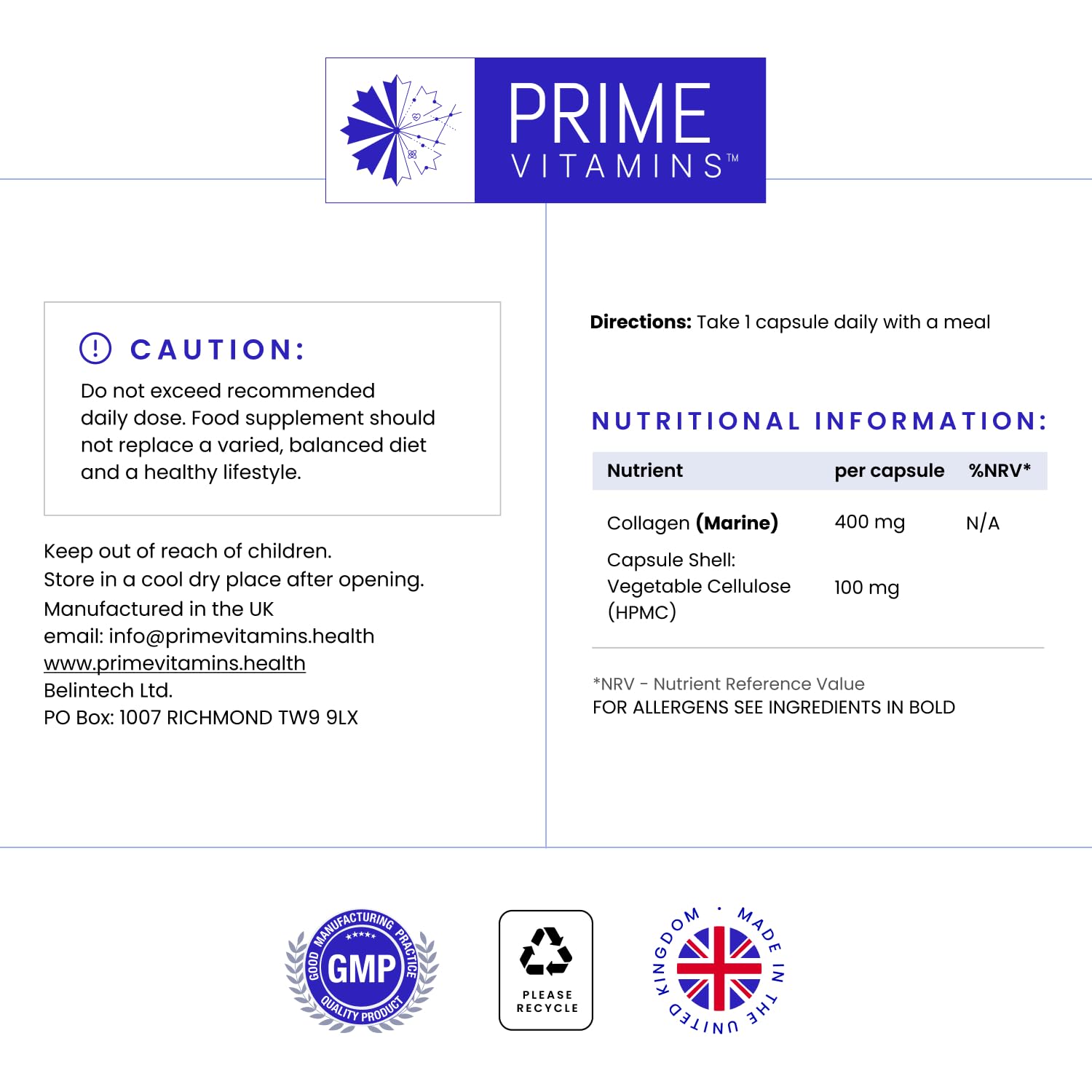 Marine Collagen 400mg | Hydrolysed Collagen Supplements for Women & Men PRIME VITAMINSBuy Supplements Australia