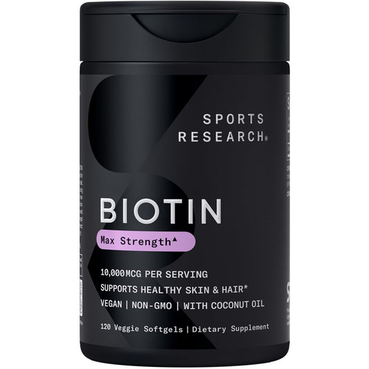 Sports Research® Biotin 10,000mcg with Organic Coconut Oil - Biotin (Vitamin B7) for Healthy Skin and Hair Support* - for Women and Men - Vegan, Non-GMO