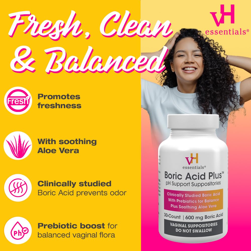 vH Essentials Boric Acid Plus Vaginal Suppositories, Prebiotic Infused with Soothing Aloe Vera, pH Support Formula Fights Odor and Promotes Freshness, 600mg Boric Acid, 30 Count vH essentialsBuy Supplements Australia