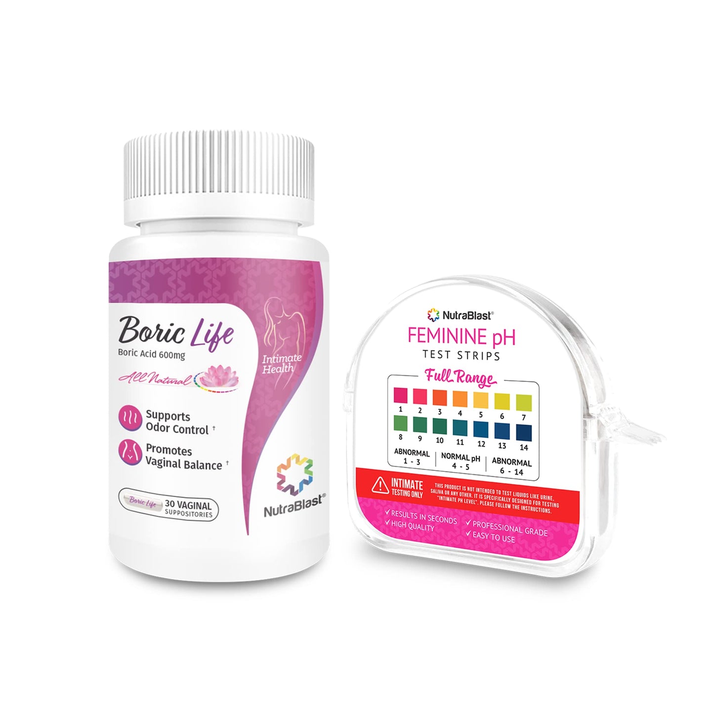 NutraBlast Boric Acid Vaginal Suppositories 600mg (30 Count) & Feminine pH Test Strips 1-14 (100-Tests Roll) | Monitor Feminine Intimate Health | Acidity & Alkalinity Balance NutraBlastBuy Supplements Australia