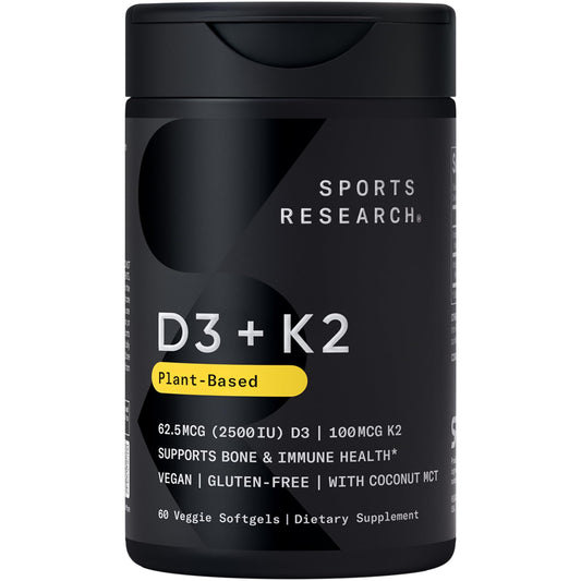 Sports Research® Vitamin D3 + K2 w/Coconut Oil - Vegan Vitamin D 2500iu (62.5mcg) & Mk7 Vitamin K 100mcg for Bone & Immune Support - Vegan Certified