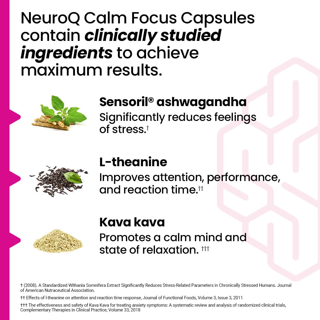 LifeSeasons NeuroQ Calm Focus Capsules - Stress Relief Supplement - Supports Mental Function & Relaxation - Sensoril Ashwagandha, Magnesium, GABA, L-Theanine, Andean Cocoa & Kava Kava - 60 Capsules LifeSeasonsBuy Supplements Australia