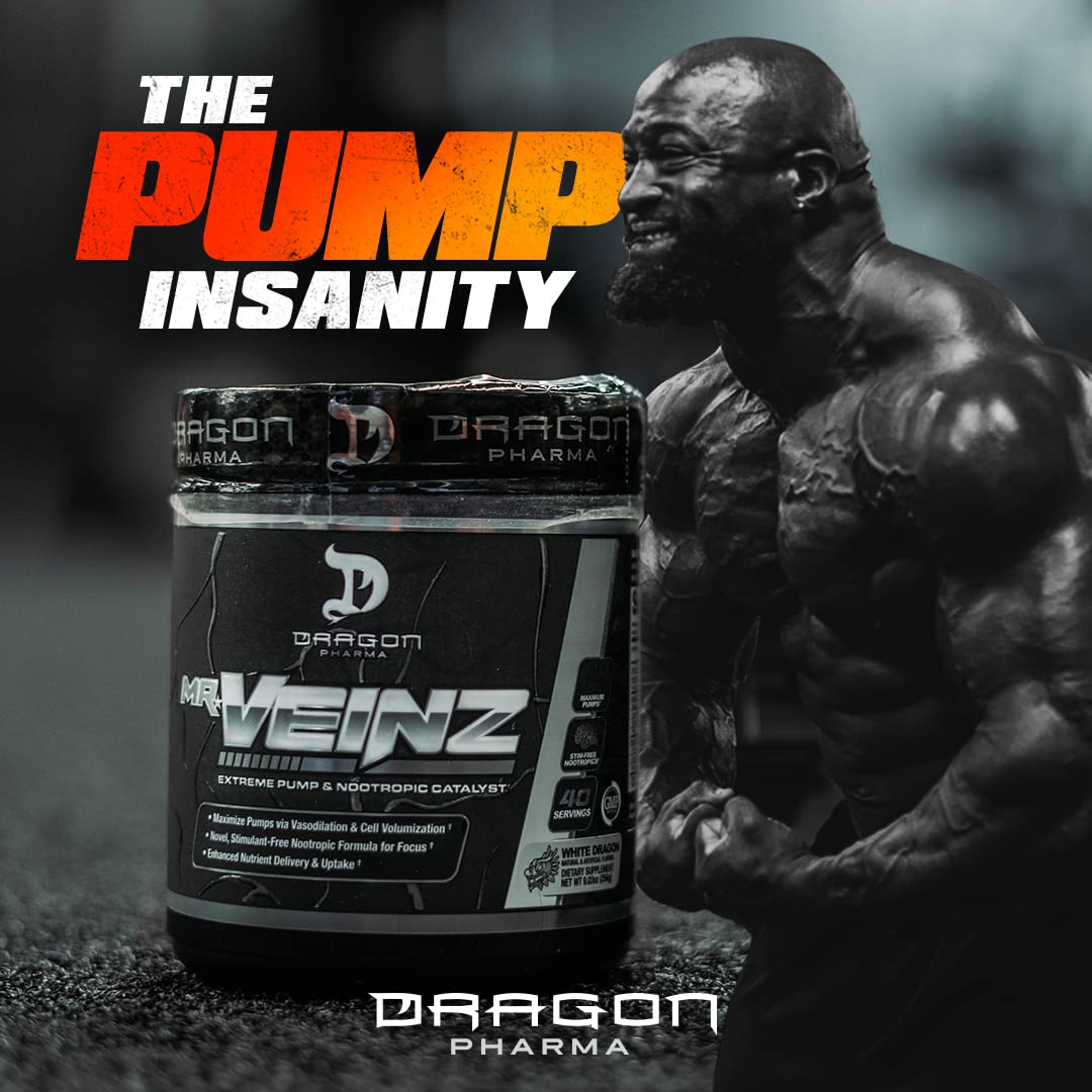 DRAGON PHARMA Mr. Veinz Stim Free Pre-Workout, Extreme Pump & Nootropic Catalyst, Maximize Pumps via Vasodilation & Cell Volumization, Stimulant-Free Formula for Focus (40 Servings, Apple Juice)