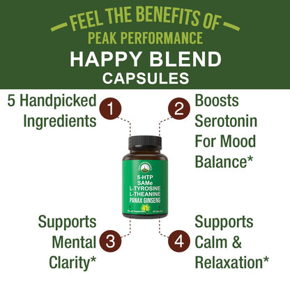 Peak Performance Mood Support Supplement with 5 Top Ingredients: 5HTP, SAM e, L Tyrosine, L Theanine, and Panax Ginseng. Calm, Focus, Relaxation Supplements. Vegan Peak PerformanceBuy Supplements Australia