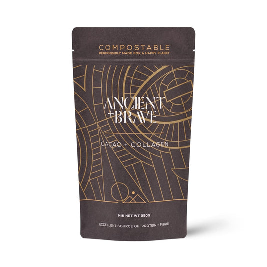 Ancient + Brave - Cacao + Collagen Powder 250g - Peruvian Raw Cacao Hot Chocolate with Grass