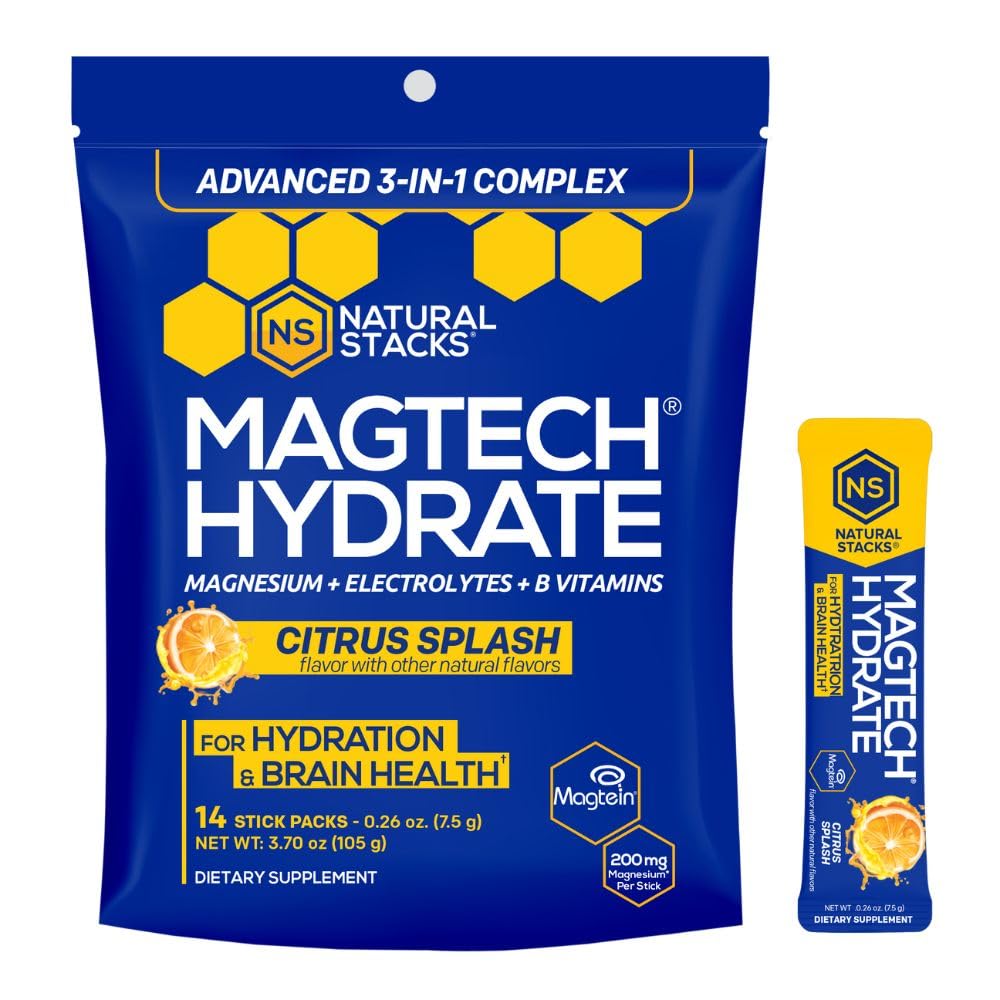 MagTech Magnesium Hydrate Packets - Sugar Free Hydration Powder - Magtein Magnesium L-Threonate, Glycinate & Taurate - 200mg Chelated Triple Complex - Supports Hydration & Brain Health* - 14 Servings NATURAL STACKSBuy Supplements Australia