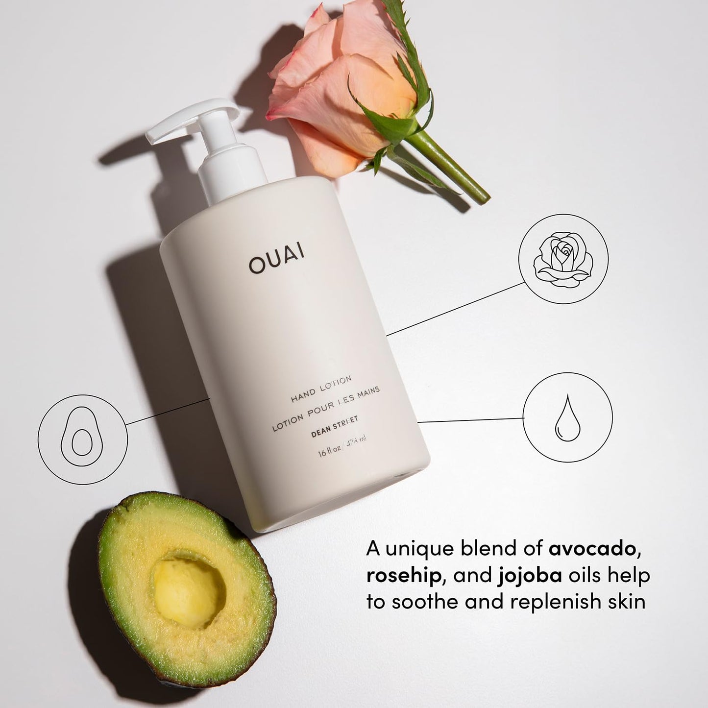 OUAI Hand Wash and Hand Lotion Set, Dean Street Scent - Moisturizes and Exfoliates with Daily Use - Made with Jojoba Esters, Avocado & Rosehip Oils (16 Fl Oz Each) OUAIBuy Supplements Australia