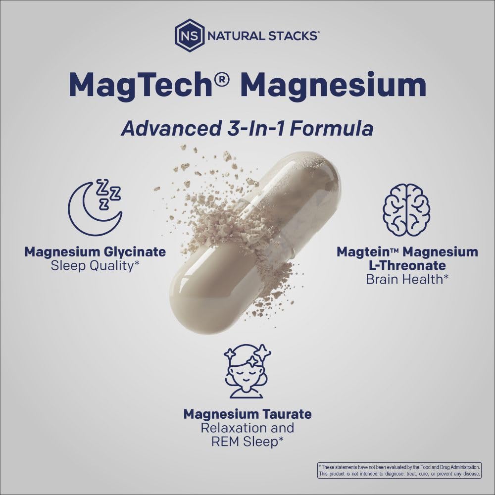 Magtein Magnesium L-Threonate, Glycinate & Taurate – 200mg Chelated Magnesium Complex – MagTech Magnesium Supplement for Relaxation & Brain Health – 90 Capsules NATURAL STACKSBuy Supplements Australia
