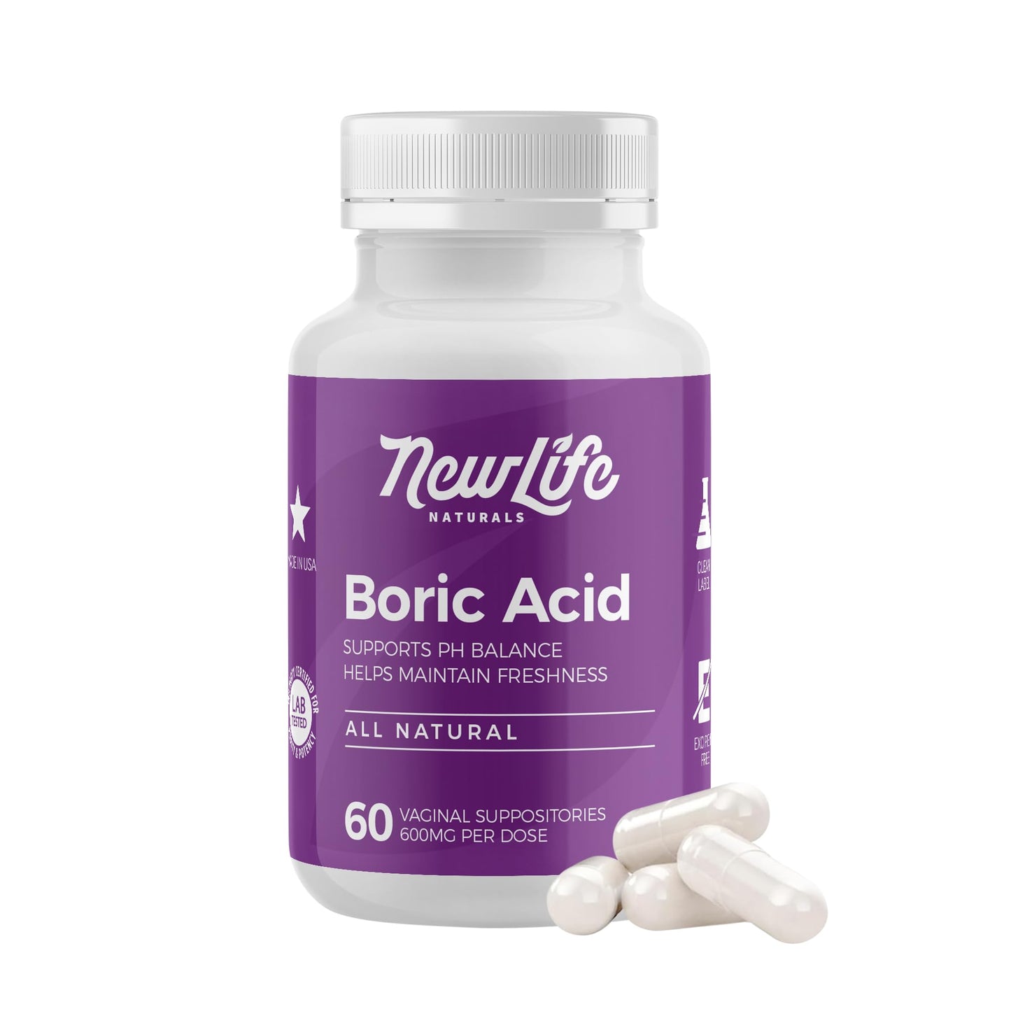 NewLife Naturals - Medical Grade Boric Acid Vaginal Suppositories - 600mg - 100% Pure Womens pH Balance Pills - Yeast Infection, BV - 60 Capsules: Made in USA NewLife NaturalsBuy Supplements Australia