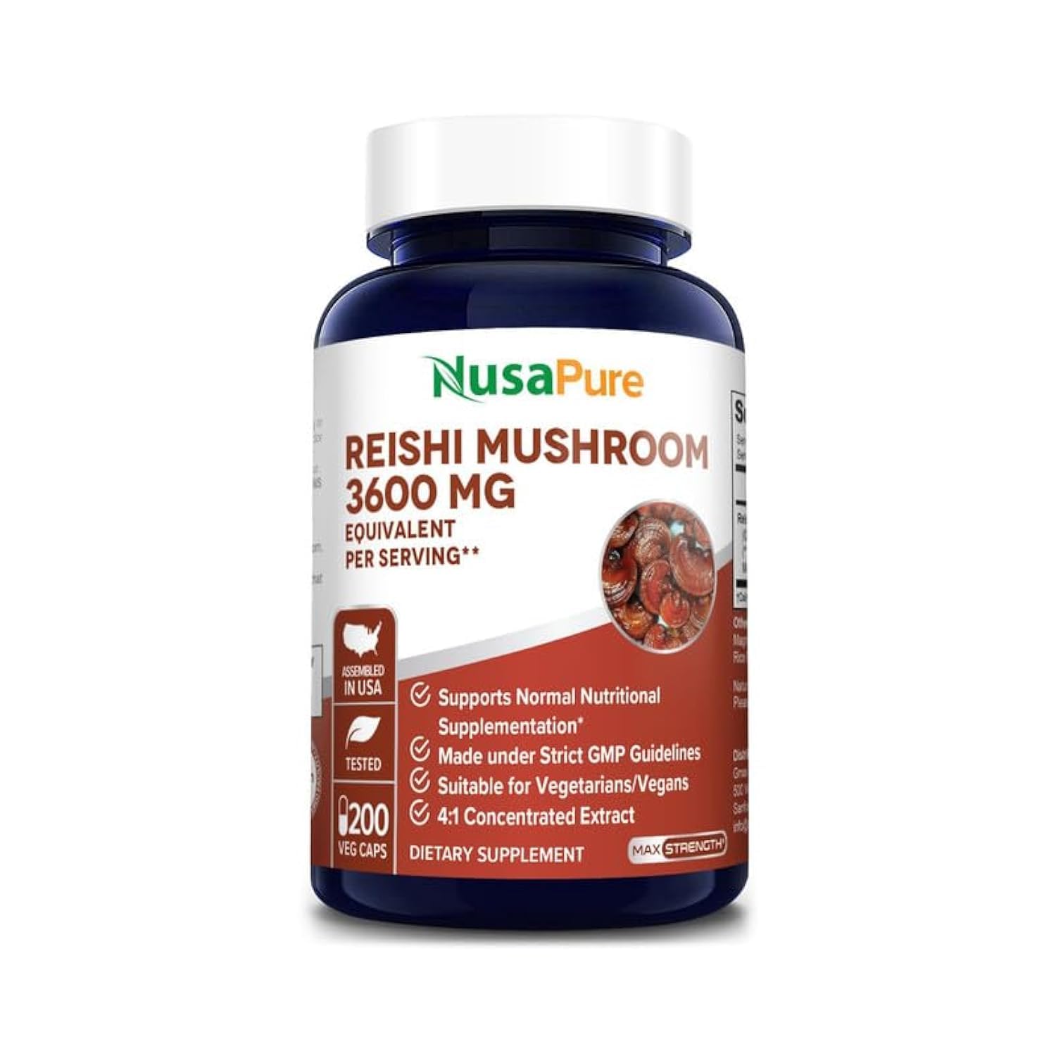 NusaPure Reishi Mushroom 4:1 Extract, 900 mg Equivalent to 3,600mg per Capsule 200 Veggie Caps Vegan, Non-GMO, Gluten-Free NusaPureBuy Supplements Australia