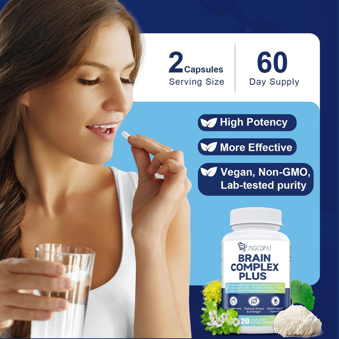 Brain Supplements for Memory and Focus | Nootropic with Bacopa Monnieri, Lion's Mane, Alpha GPC, Ginkgo Biloba | Mental Clarity & Cognitive Support | Vitamin B6 & B12 Neuro Health - Non-GMO, 120 Caps MigcopatBuy Supplements Australia