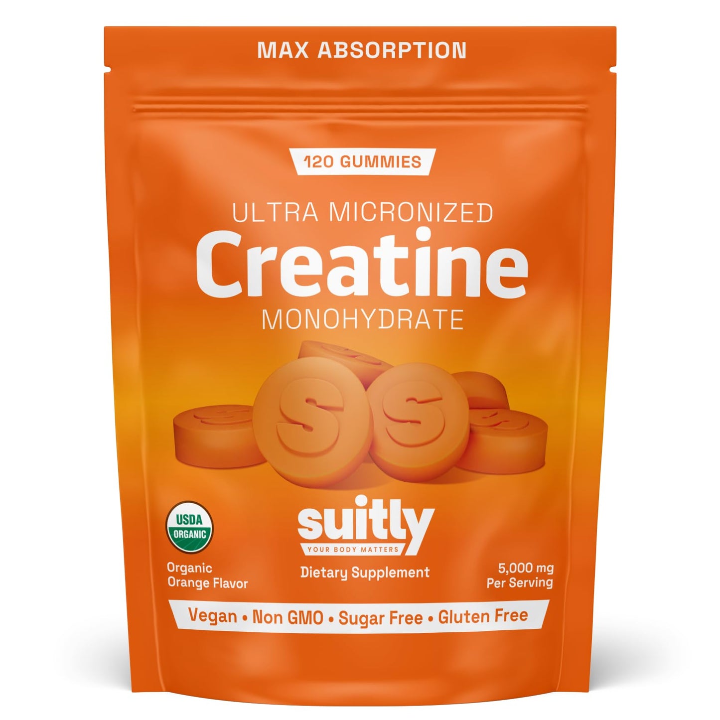 USDA Organic Ultra-Micronized Creatine Gummies for Men & Women; Orange Max Absorption 5g Creatine Gummies Sugar Free for Muscle Gain, Energy & Recovery; Muscle Builder for Women with Pouch - 120 Count SuitlyBuy Supplements Australia