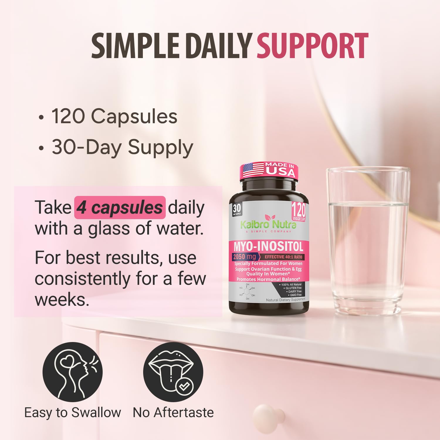 Kaibro Nutra Myo-Inositol Supplement, Myo-Inositol & D-Chiro Inositol 40:1 Ratio, Hormone Balance & Ovarian Support for Women with Vitamin B8, 2050mg, Vegan, Non-GMO Capsules 120 Count Kaibro NutraBuy Supplements Australia