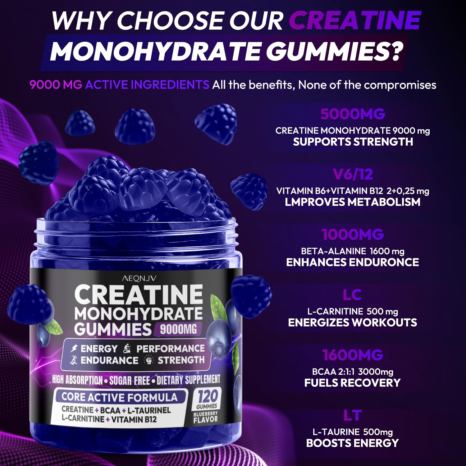 AEQNJV Creatine Gummies Monohydrate Complex for Men & Women, 9000MG Creatine Pre-Workout Supplement Enhance Muscle Strength Recovery Cognitive Health & Memory, 120 Gummies Sugar Free Vegan Non-GMO AEQNJVBuy Supplements Australia