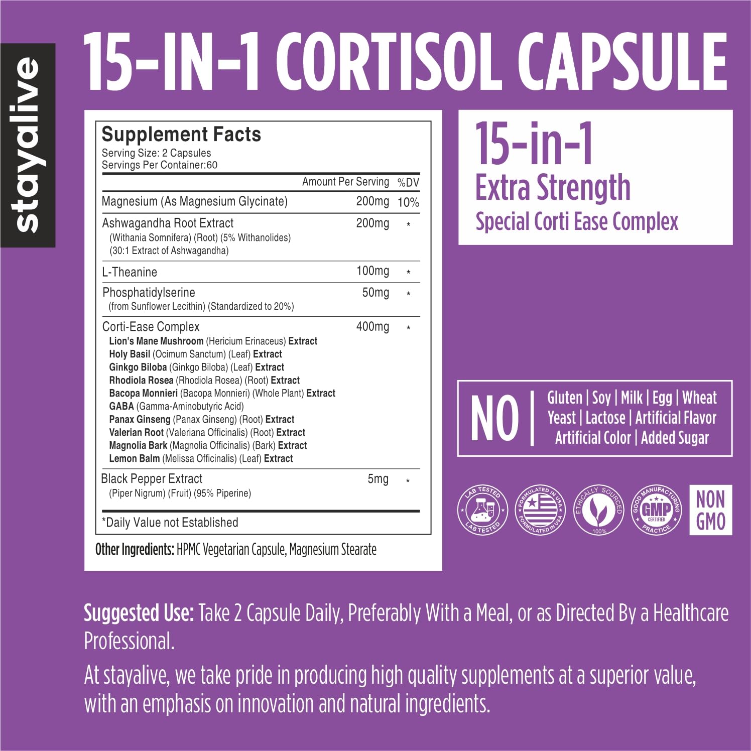 STAY ALIVE Cortisol Manager Supplement 15-in-1 Complex w/L-Theanine, Ashwagandha, Magnesium Glycinate, Phosphatidylserine and More, 120 Veg Capsules, Non-GMO & Gluten-Free Formula for Women and Men STAY ALIVEBuy Supplements Australia