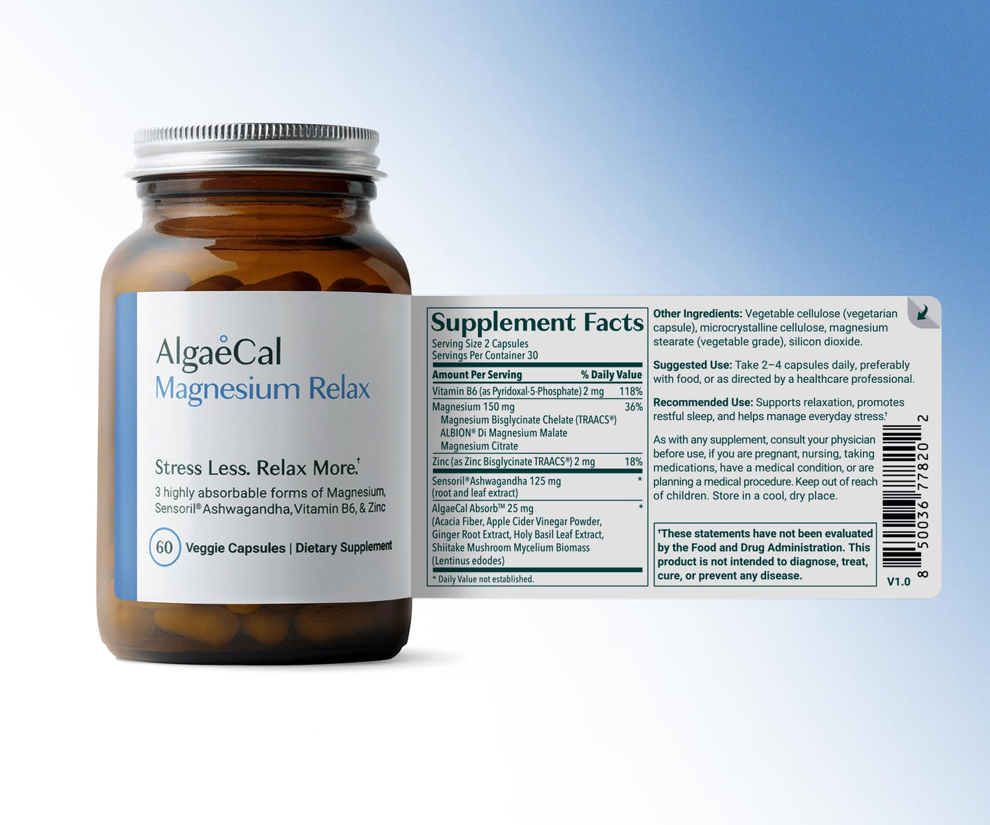 AlgaeCal Magnesium Relax™ - Chelated Magnesium with Ashwagandha for Sleep & Stress - Glycinate, Malate, Citrate - Sleep, Mood, & Cortisol Support (4 Months Supply) ALGAECALBuy Supplements Australia
