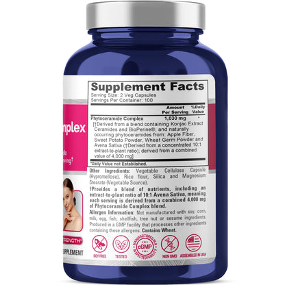 NusaPure Phytoceramide Complex 10:1 Extract, 1030 mg Equivalent to 4000 mg 200 Veggie Capsules (Non-GMO) Bioperine NusaPureBuy Supplements Australia
