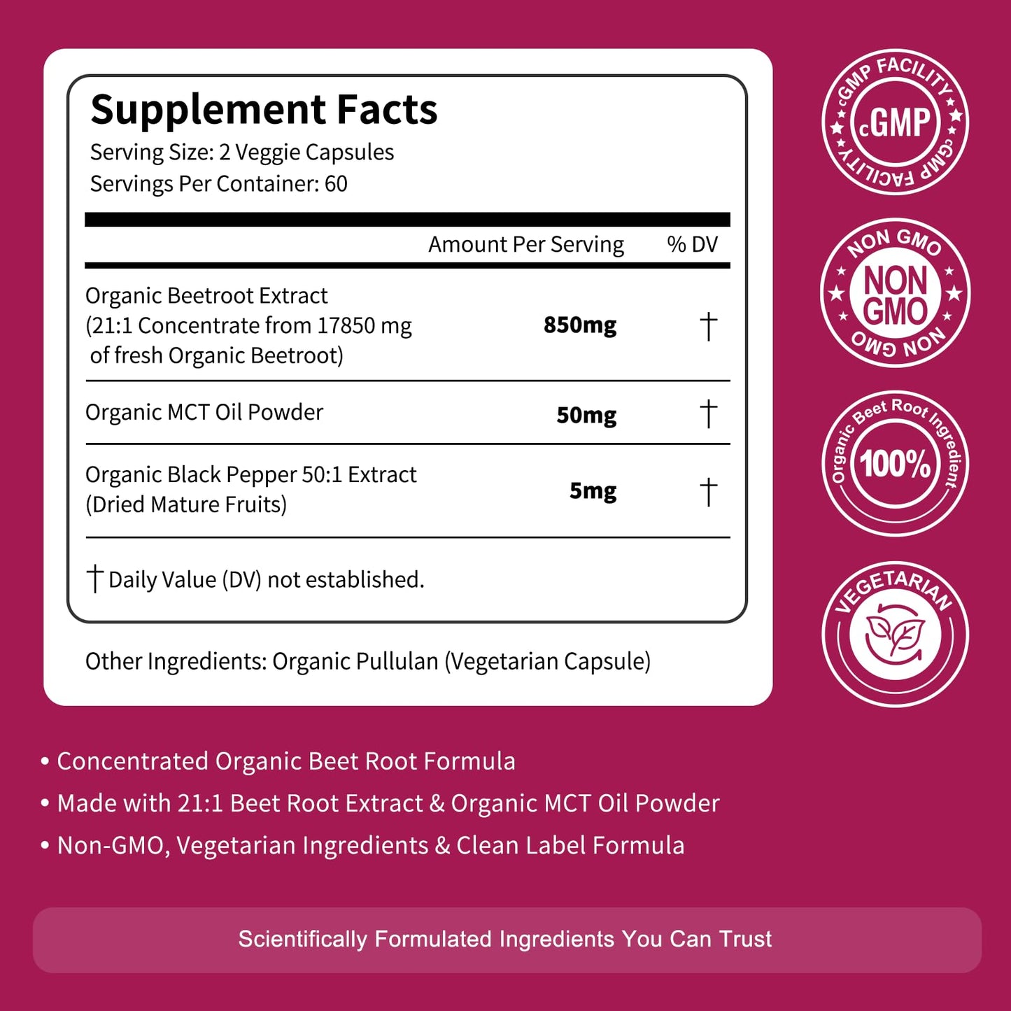 Vitarevive Organic Beet Root Capsules with Beetroot Extract 17850mg 21:1 Concentrated Beetroot Supplement Supports Circulation and Nitric Oxide